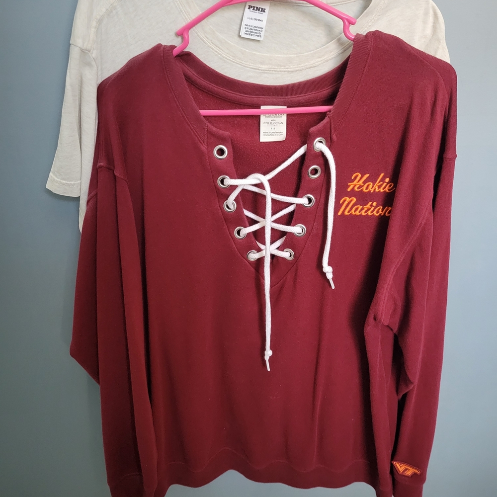 PINK Victoria's Secret Virginia Tech Burgundy Lace-Up Crew Neck Large